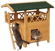 PawHut Maison lodge pentru pisici sălbatice rătăcitoare cu terasă scară 77 x 50 x 73 cm lemn natural și verde | Aosom Romania