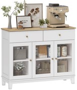 HOMCOM Bufet salon cu 2 dulapuri cu uși din sticlă temperată canelată, 2 sertare și rafturi reglabile, 100 x 35 x 80,3 cm, alb | Aosom Romania