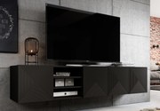 Comodă TV suspendată Asha 200 cm, fronturi riflate și nișă – negru mat