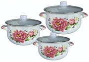 Set 3 oale cu capac din sticla Rosberg R54518G3G, 6 piese, Emailate, Alb/Imprimeu floral