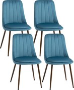 Set de 4 Scaune de Masa HOMCOM, de Bucatarie Moderne cu Tapiterie de Catifea, Spatar Curbat si Picioare de Otel, Albastru | Aosom Romania