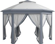 Outsunny Pavilion pliabil 4 x 4m, design hexagonal, perdele din plasă, rezistent la apă, acoperiș ventilat, Gri+Alb | Aosom Romania