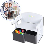 Birou Pentru Copii cu Scaun Convertibil Bancuta 3 in 1 Cu Masuta Si Spatii De Depozitare Jucarii din Lemn MDF, Culoare Alb cu Gri, Varsta 3-6 Ani