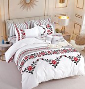 Set Lenjerie de pat 2 Persoane din Bumbac Tip Finet, cu Elastic, 6 Piese - Traditional Roses