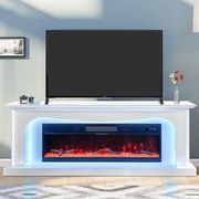 Șemineu Electric cu Flacără LED în 7 Culori, Comodă TV, Bluetooth, Difuzoare Integrate, Iluminare LED Ambientală, Telecomandă, MDF, Finisaj Alb Oglindă