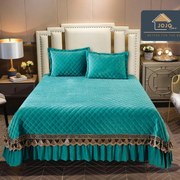 Cuvertura de pat cu volane si broderie, catifea, pat 2 persoane, turquoise, 3 piese, CCBJ-03