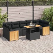 vidaXL Set mobilier grădină perne 8 piese negru, poliratan/lemn acacia