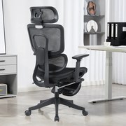 Scaun Ergonomic Premium Mesh cu Suport pentru Picioare, Reclinare 145°, Tetieră Reglabilă, Cotiere 3D, Suport Lombar Elastic și Șezut cu adâncime reglabilă, Negru