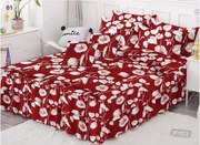 Lenjerie Pat Dublu, Bumbac Finet cu Volanase, 6 Piese - Rosu Cu Flori Albe