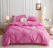 Lenjerie Pat Dublu, Bumbac Soft Touch, 6 piese, cu Pliuri Brodate - Roz