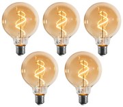 Set de 5 becuri LED E27 cu filament spiralat, dimabile, G95 aurii 4W 270LM 2100K