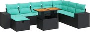 vidaXL Set mobilier grădină perne 9 piese negru poliratan/lemn acacia