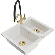 Mexen Carlos chiuvetă de granit cu 1,5 compartimente și baterie de bucătărie Duo, alb - 6518-20-671701-57-G