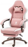 DOWINX Scaun gaming, ergonomic, suport lombar cu masaj, Șezut cu Arcuri Metalice și Spumă, Pernă de Gel, Spătar înalt, rabatabil 90°-135°, Buzunar depozitare, Suport picioare, rezistent 150 kg, material respirabil, Roz