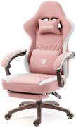 DOWINX Scaun gaming, ergonomic, suport lombar cu masaj, Șezut cu Arcuri Metalice și Spumă, Spătar înalt, rabatabil 90°-135°, Buzunar depozitare, Suport picioare, rezistent 150 kg, material respirabil, Roz