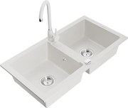 Mexen Mario chiuvetă de bucătărie din granit, cu 2 compartimente, cu robinet Telma, alb - 6504-20-670200-20