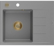 Mexen Ben chiuvetă de granit cu 1 compartiment și scurgător pe stânga 600 x 500 mm, gri, sifon auriu - 6522605000-71-G