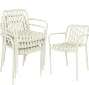 Outsunny Set 4 scaune de grădină stivabile, scaune de terasă cu design în lamele și cotiere, ergonomice, alb crem | Aosom Romania