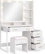 Set FREYA – Masă de Toaletă pentru Machiaj, Oglindă 10 becuri LED, Iluminare reglabila, Sertare, Rafturi, modul incarcare dubla priza+USB, Scaun, Alb