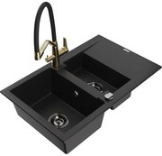 Mexen Gaspar Chiuvetă de granit de 1,5 compartiment cu picurător și baterie de bucătărie Duo, Neagră - 6507-77-671701-57-B