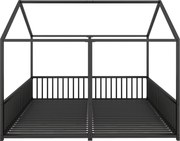 Pat dublu pentru copii 90x200 cm, formă de casă, cu barieră de siguranță, fără saltea, Negru