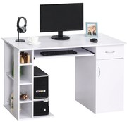 HOMCOM Birou pentru PC, Ergonomic, cu Rafturi, Dulap, Sertar și Suport pentru Tastatură Extensibilă, 120x60x74 cm, Alb | Aosom Romania