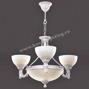 Lustra Malawi cu 3 Brate, Desing Clasic, Alb Patinat, Abajur Crem - Bussy Lighting 3075-70-03A
