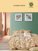 Lenjerie De Pat 1 Persoana, 4 Piese, Bumbac Finet - Bej Cu Flori
