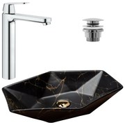 Pachet lavoar pe blat Rea Vegas negru 56.5 cm, baterie lavoar Grohe Eurosmart Cosmopolitan XL crom si ventil lavoar Click-Clack crom