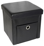 Taburet cu cutie de depozitare si sertar HouseXL™ 6100, Dimensiuni 38X38X38cm, Max 150 kg, Capac moale din piele ecologica, Negru