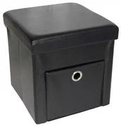 Taburet cu cutie de depozitare si sertar HouseXL™ 6100, Dimensiuni 38X38X38cm, Max 150 kg, Capac moale din piele ecologica, Negru