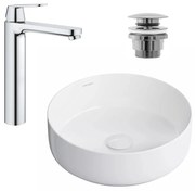 Pachet lavoar pe blat Omnires Tulsa alb 36 cm, baterie lavoar Grohe Eurosmart Cosmopolitan XL crom si ventil lavoar Click-Clack crom