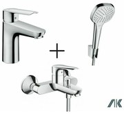 Set baterii Hansgrohe Logis E cu baterie lavoar, cada si set de dus cu porter crom