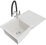 Mexen Cesar chiuvetă de granit cu un compartiment, cu picurător și baterie de bucătărie Duo, Albă - 6514-20-671701-07