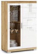 Mazzoni Comodă SIMPLE KWD3SZ1 Stejar Craft Auriu/Alb Luciu - VITRINA DULAP CU RAFTURI PENTRU LIVING STICLĂ CU LUCIU