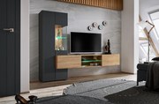 Set mobila Living moderna , 210 cm lungime, antracit inchis  stejar artisan, usi deschidere push open,  comoda tv suspendata, vitrina sticla, led