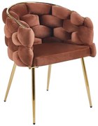 Scaun dining, tapiterie catifea, cadru metalic auriu, Maro Rufous