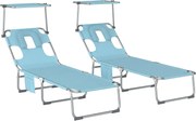Outsunny Set de 2 Șezlonguri Pliabile Reclinabile cu Copertină 360°, Orificiu Facial, Buzunar Lateral și Textilene 550 g/m², Albastru | Aosom Romania