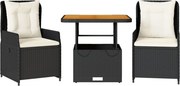 vidaXL Set bistro cu perne, 3 piese, negru, poliratan