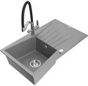Mexen Cesar chiuvetă de granit cu un compartiment, cu picurător și baterie de bucătărie Duo, Gri - 6514-71-671701-07