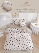 Set Lenjerie De Pat 1 Persoana, 4 piese, cu ELASTIC - Bej Cu Inimi