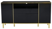 Comodă Modernă Elegantă Lucioasă cu 2 Sertare și 4 Uși, Structură cu LED și Detalii Aurii, 150x40x80 cm pentru Living și Bucătărie, Negru