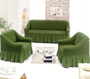 Set huse elastice si creponate pentru canapea 3 locuri si 2 fotolii, cu volanas, culoare Verde