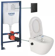 Set vas wc suspendat cu functie bideu alb si baterie inclusa negru mat Foglia Oslo, rezervor Grohe Solido 3 in 1 cu clapeta neagru mat Even