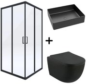 Set cabina dus neagra cu usa culisanta 90x90 cm, vas wc rimless suspendat si lavoar baie pe blat Foglia