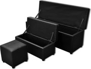 vidaXL Set banchetă depozitare, piele eco, taburet pt. picioare, negru, 3 buc