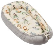 Cosulet patut bebe tip baby nest din bumbac 90x50 cm, cu doua fete Kidizi Baby Animals, bej, lavabil la masina automata