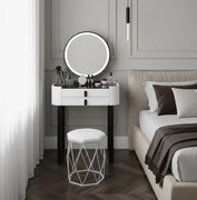 Set Bianca, Masă de toaletă pentru machiaj cu oglindă iluminată LED, control touch, taburet tapitat, 60x38x76 cm, Alb/Negru
