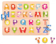 Puzzle 3D din lemn masiv NOVOKIDS™ Wooden Happy Alphabet, 26 piese, Cu literele alfabetului, Materiale Eco, Multicolor