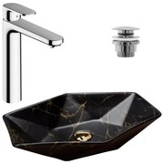 Pachet lavoar pe blat Rea Vegas negru 56.5 cm, baterie lavoar Hansgrohe Vernis Blend 190 crom si ventil lavoar Click-Clack crom